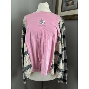 Life Is Good, Daisy Flower, Pink, Upcycled Reworked Flannel Tshirt Sweatshirt
